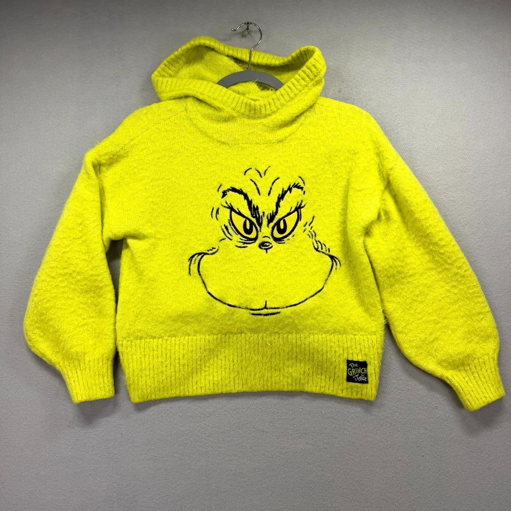 The Grinch Justice Hooded Sweater Girls Large Lime Green Graphic Logo Fuzzy Knit